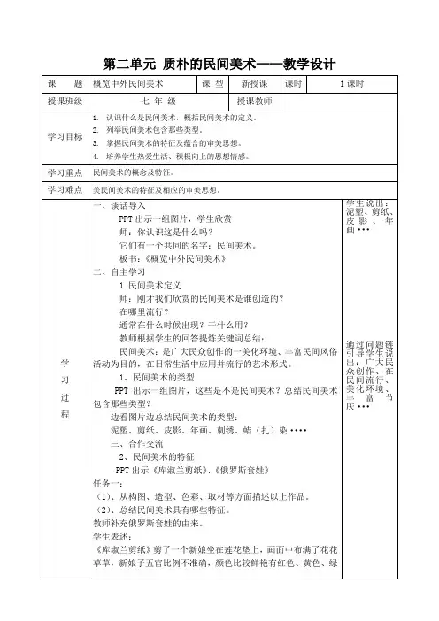 第2课概览中外民间美术教学设计 2024—2025学年赣美版初中美术七年级上册 