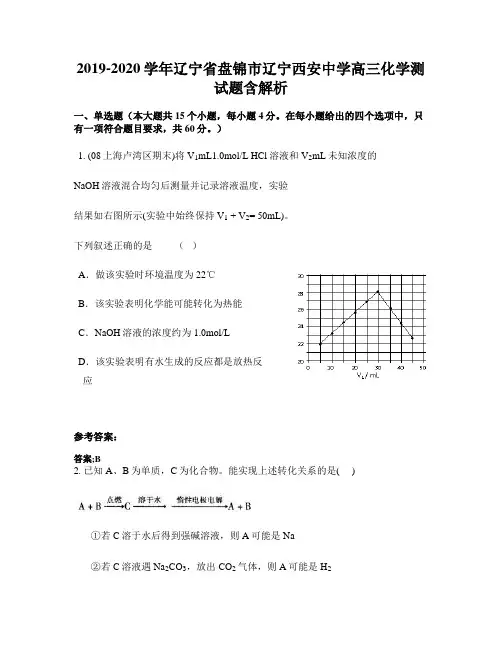 2019-2020学年辽宁省盘锦市辽宁西安中学高三化学测试题含解析