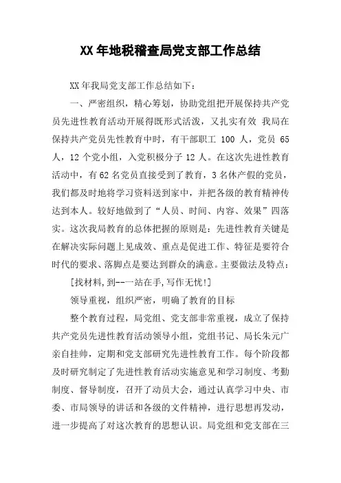 XX年地税稽查局党支部工作总结