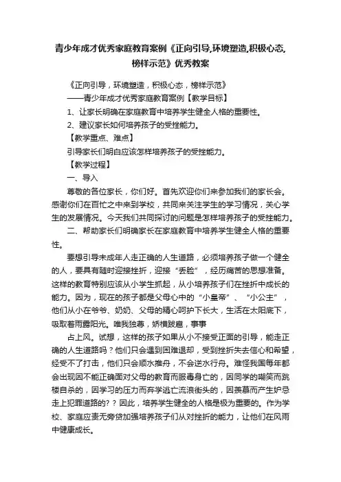 青少年成才优秀家庭教育案例《正向引导,环境塑造,积极心态,榜样示范》优秀教案
