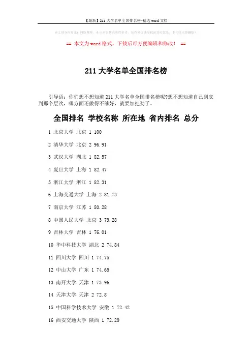 【最新】211大学名单全国排名榜-精选word文档 (22页)