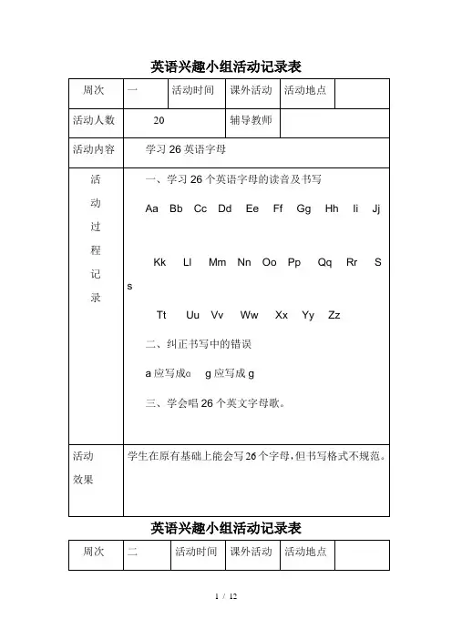 小学英语兴趣小组活动记录