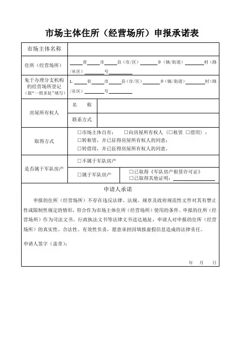 市场主体住所(经营场所)申报承诺表