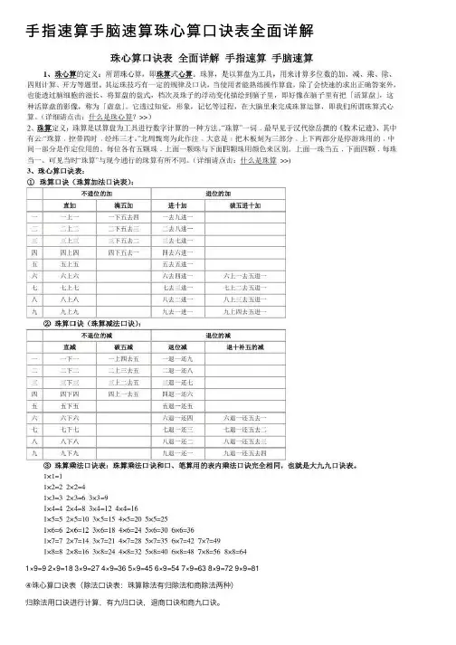 手指速算手脑速算珠心算口诀表全面详解