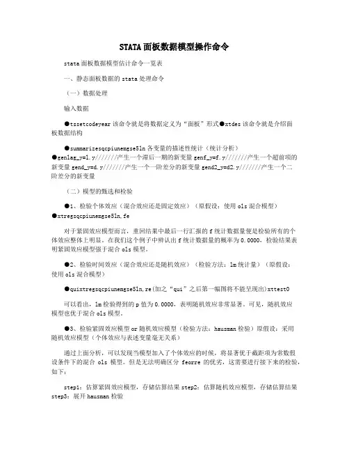 STATA面板数据模型操作命令