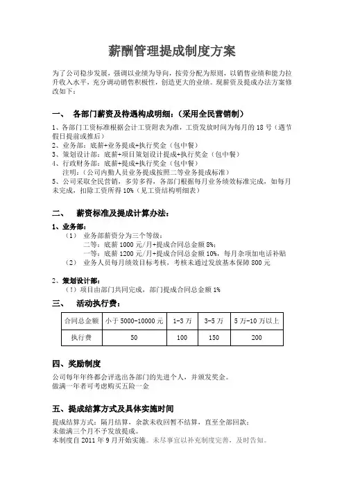 薪酬管理提成制度方案
