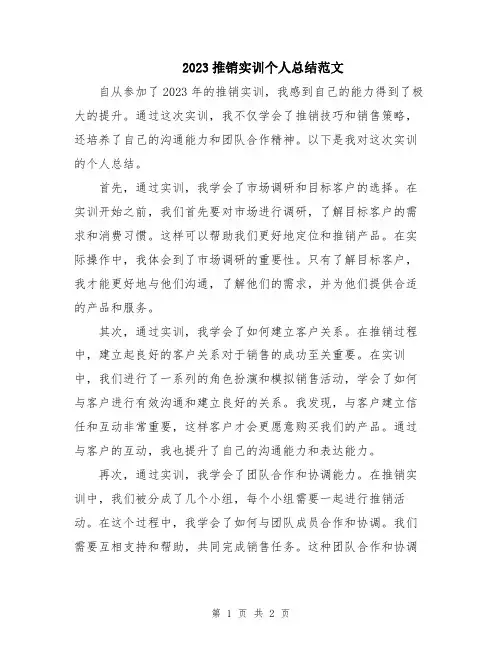 2023推销实训个人总结范文