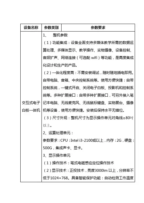 交互式电子白板一体机技术参数