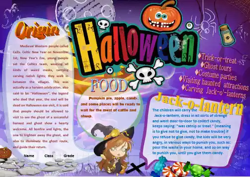 Halloween万圣节电子小报奇幻万圣节手抄报模板西方传统节日Halloween板报画报英语外语习俗A4