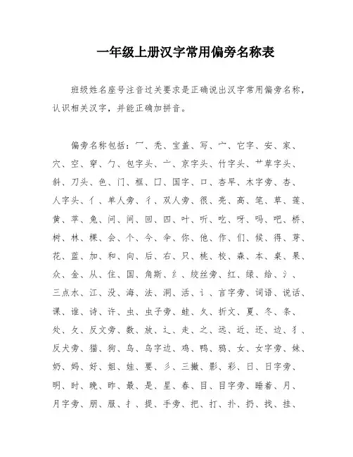 一年级上册汉字常用偏旁名称表