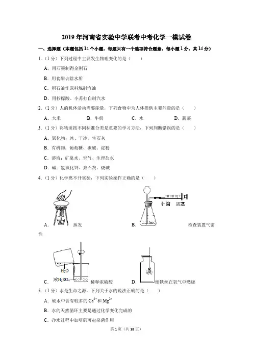 2019年河南省实验中学联考中考化学一模试卷和答案