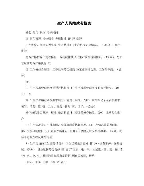 生产人员绩效考核表