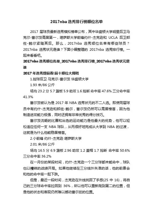 2017nba选秀排行榜顺位名单