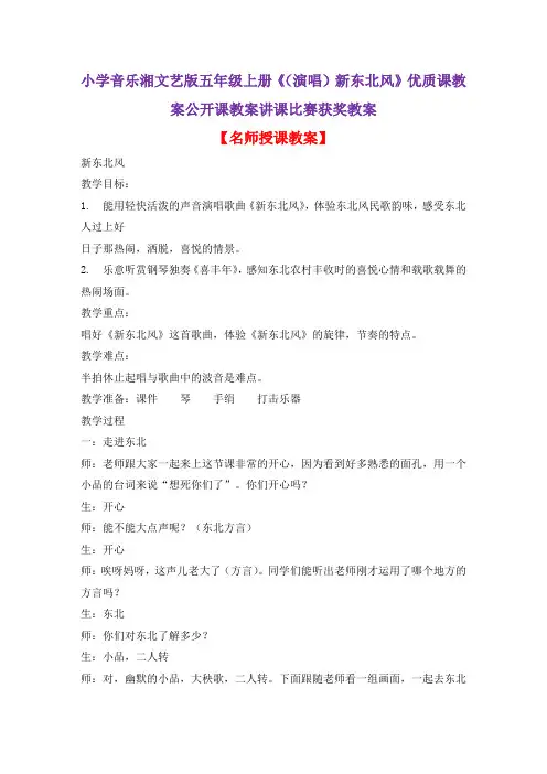 小学音乐湘文艺版五年级上册《(演唱)新东北风》优质课教案公开课教案讲课比赛获奖教案D009