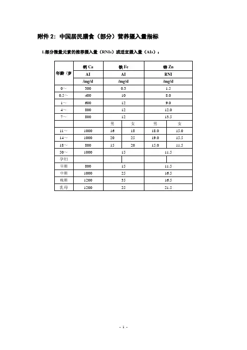 中国居民膳食营养摄入量指标