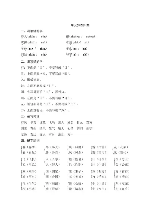 部编版语文一年级下册 第一单元知识归类 素材
