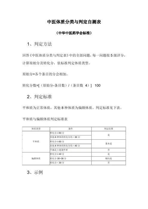 中医体质分类与判定自测表(中华中医药学会标准)