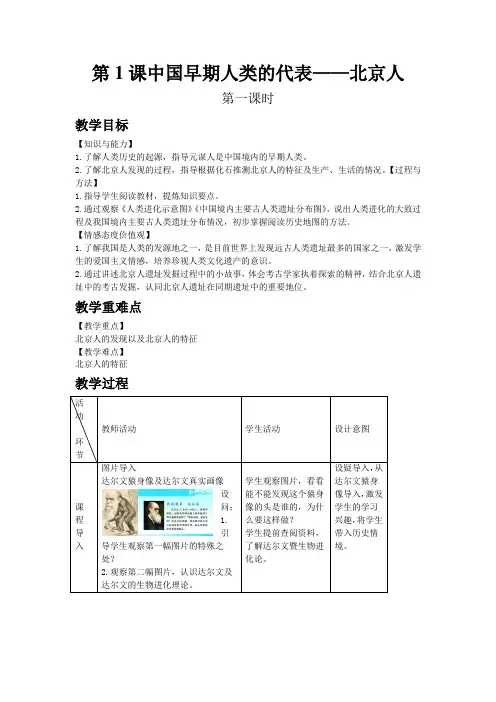 2022年部编版初中历史《中国早期人类的代表——北京人》精品教案(word版)