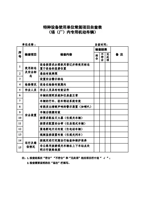 特种设备使用单位常规项目自查表(厂内专用机动车辆)