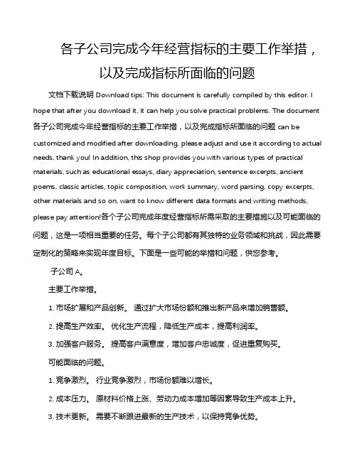 各子公司完成今年经营指标的主要工作举措,以及完成指标所面临的问题