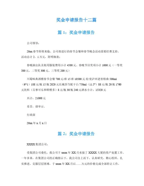 奖金申请报告十二篇