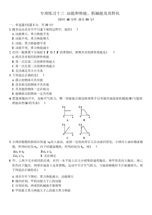 第十一章  动能和势能  11.3   机械能及其转化 专项练习  (含答案)人教版物理八年级下册