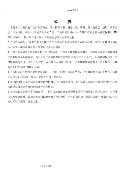 2018年公路工程试验检测项目参数检验频率一览表