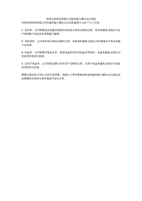 华熙生物科技有限公司盈利能力横向对比指标