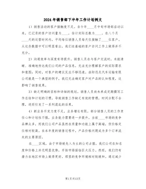 2024年销售部下半年工作计划例文（六篇）