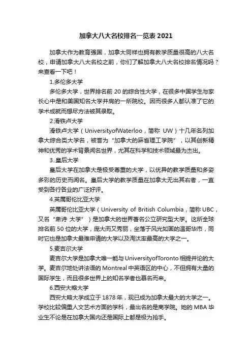 加拿大八大名校排名一览表2021