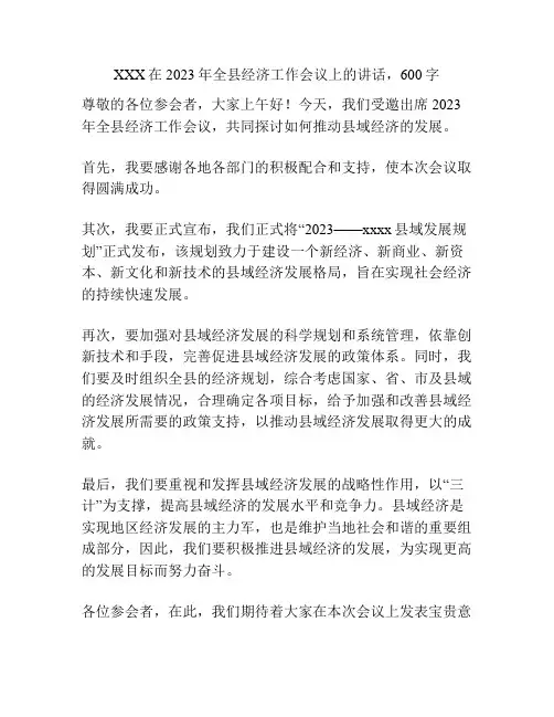 XXX在2023年全县经济工作会议上的讲话