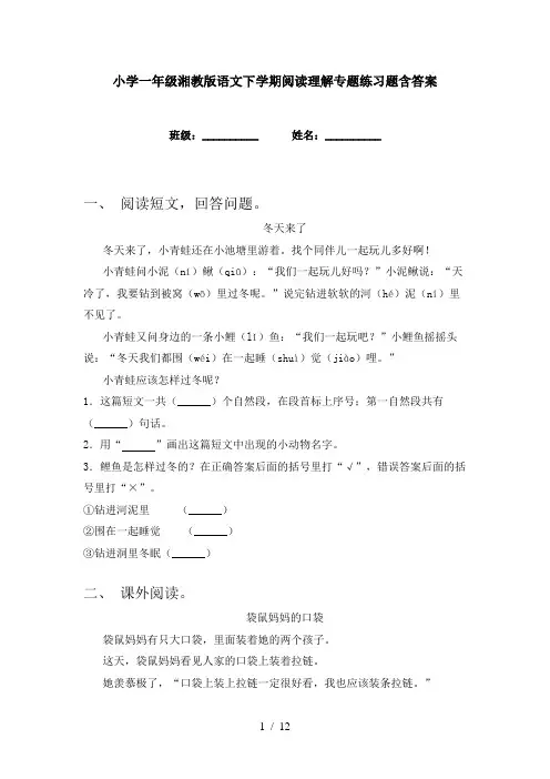 小学一年级湘教版语文下学期阅读理解专题练习题含答案