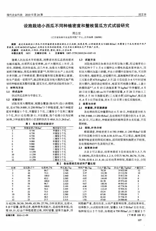 设施栽培小西瓜不同种植密度和整枝留瓜方式试验研究