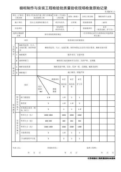 苏TJ6.9.1.1橱柜制作与安装工程检验批质量验收现场检查原始记录