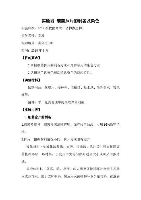 (完整版)实验四细菌抹片的制备及染色
