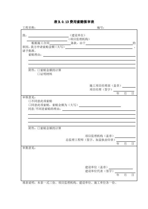 费用索赔报审表