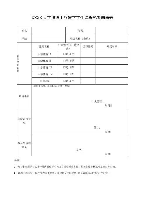 大学退役士兵复学学生课程免考申请表