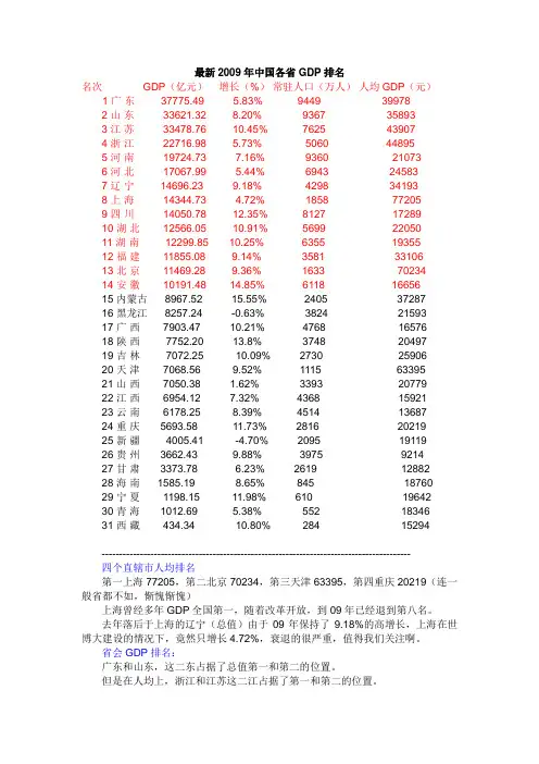 最新2009年中国各省GDP排名