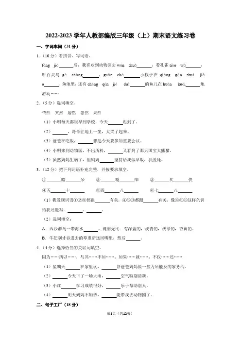 2022-2023学年人教部编版三年级上册期末语文练习卷 (2)(含解析)