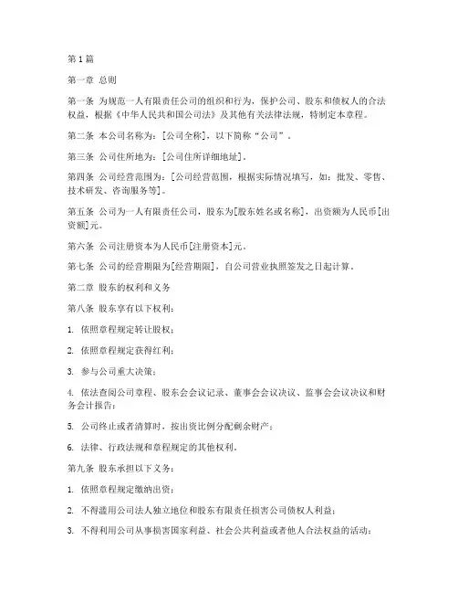一人公司章程模板(3篇)