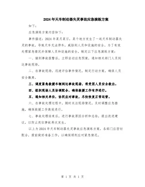 2024年天车制动器失灵事故应急演练方案