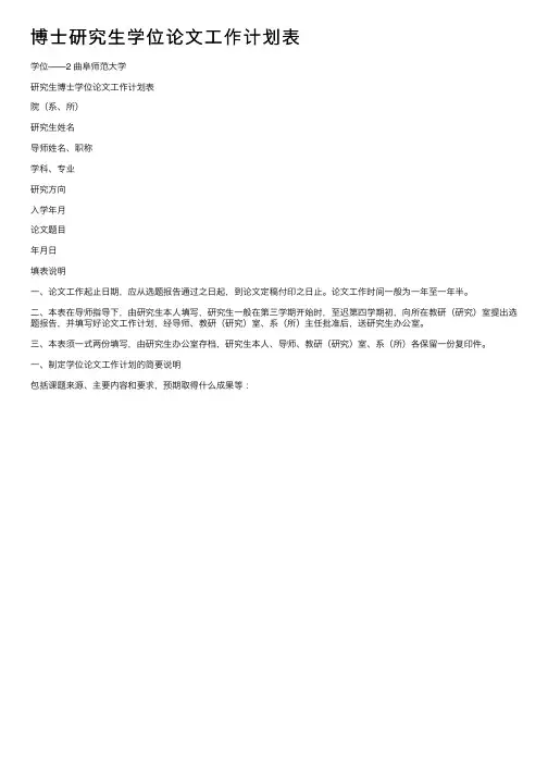 博士研究生学位论文工作计划表