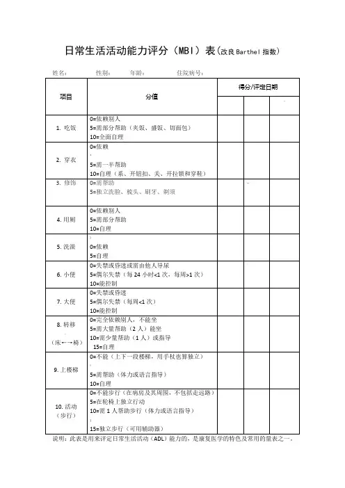 日常生活活动能力评分(MBI)表(改良Barthel指数)