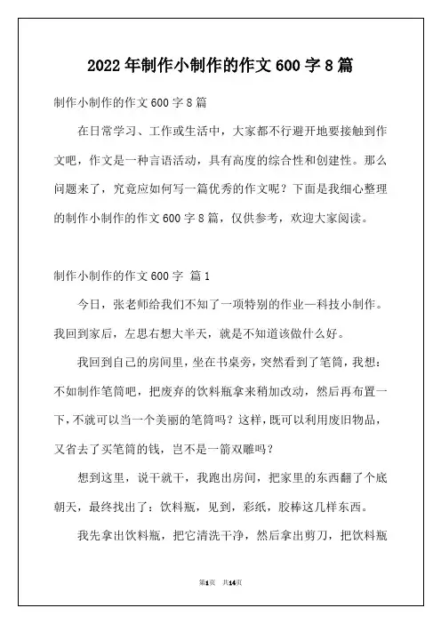 2022年制作小制作的作文600字8篇
