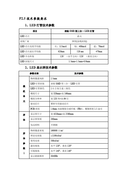 P2.5 LED屏 技术参数要求报价