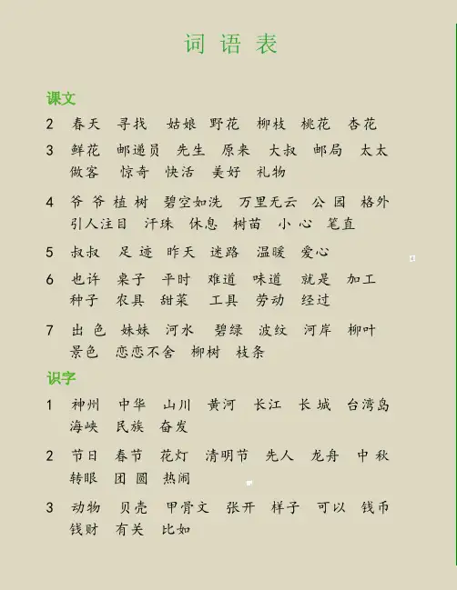 二年级下册语文书课文词语表