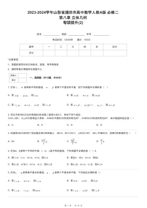 2023-2024学年山东省潍坊市高中数学人教A版 必修二第八章 立体几何专项提升-2-含解析
