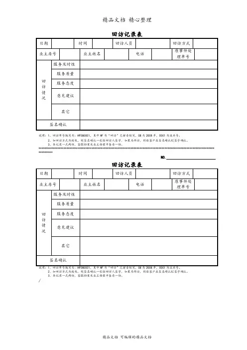 回访记录表格式(一式两份)