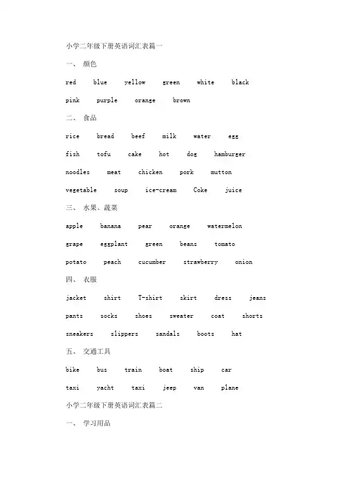 小学二年级下册英语词汇表(最新)