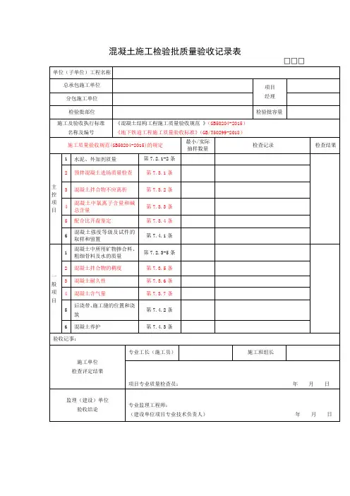 混凝土施工检验批质量验收记录表
